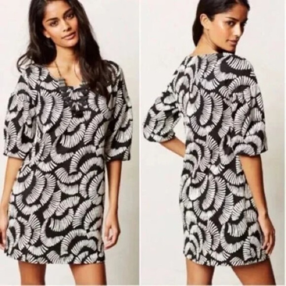 Maeve Anthropologie Balloon Sleeve Black White Knit Mini Dress Tunic Boxy Size S